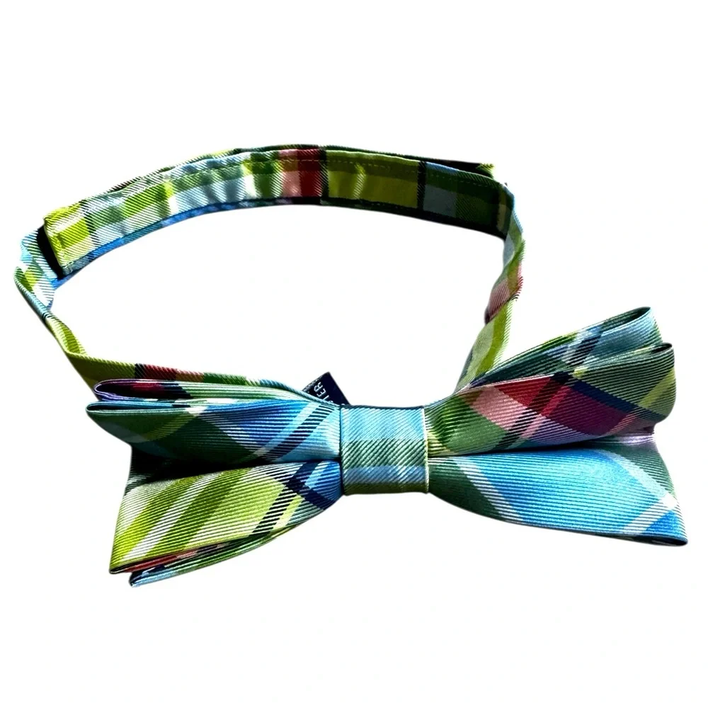 EUC Boys madras plaid woven bow tie preppy spring summer blue green Velcro band